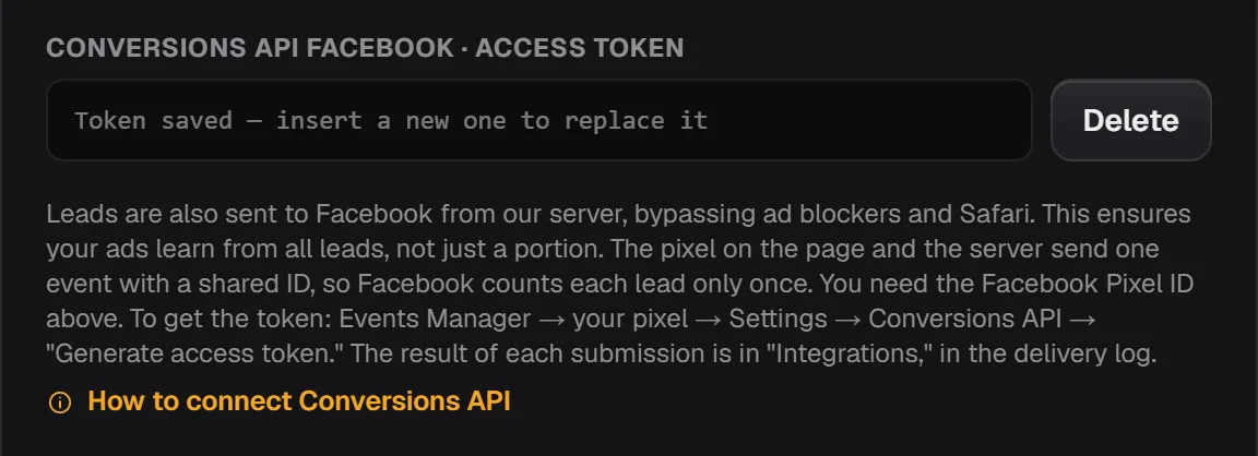 Поле «Conversions API Facebook · маркер доступу» з написом «Маркер збережено…» і кнопкою «Видалити»