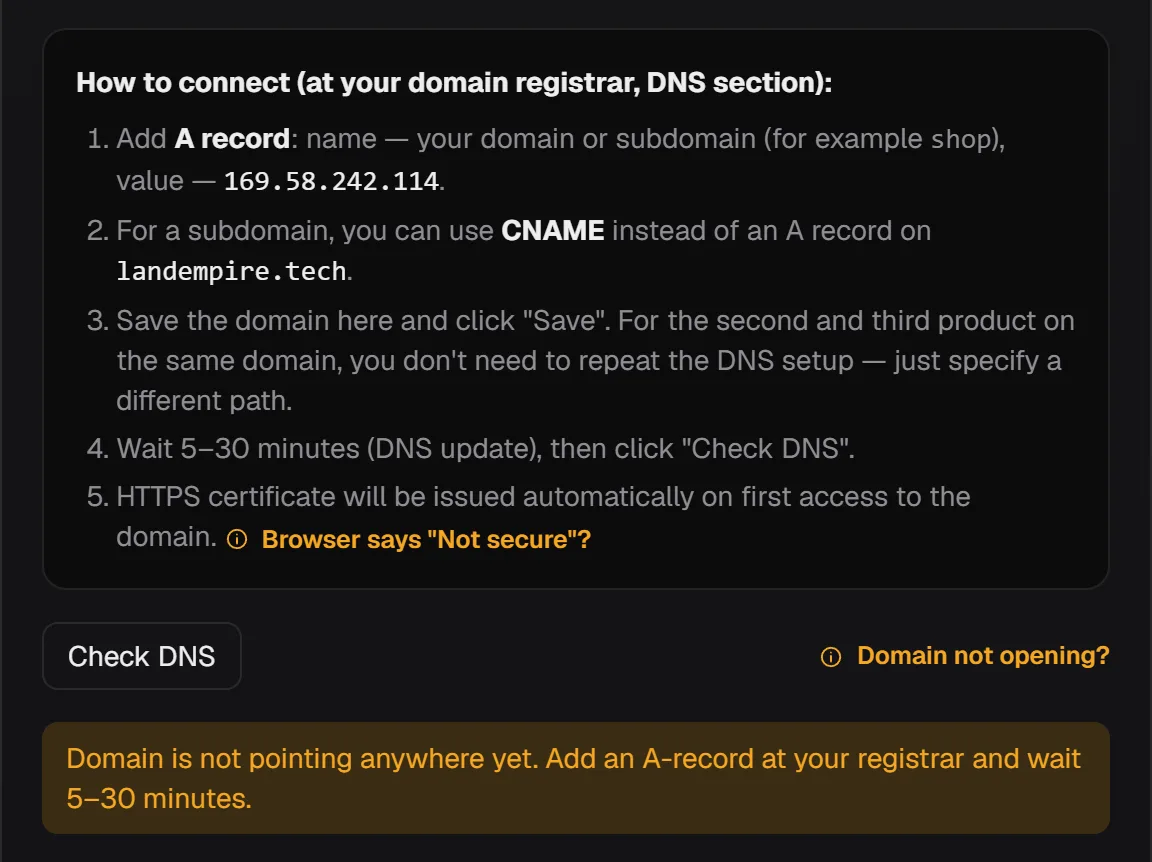Блок «Як підключити» з IP для A-запису, кнопка «Перевірити DNS» і результат перевірки
