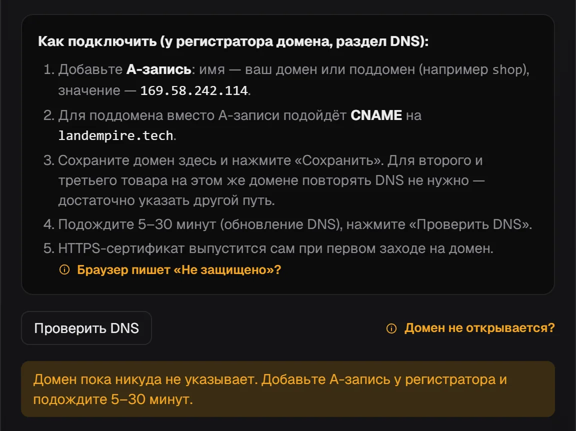 Инструкция по DNS на вкладке «Домен»: A-запись на IP платформы и кнопка «Проверить DNS»