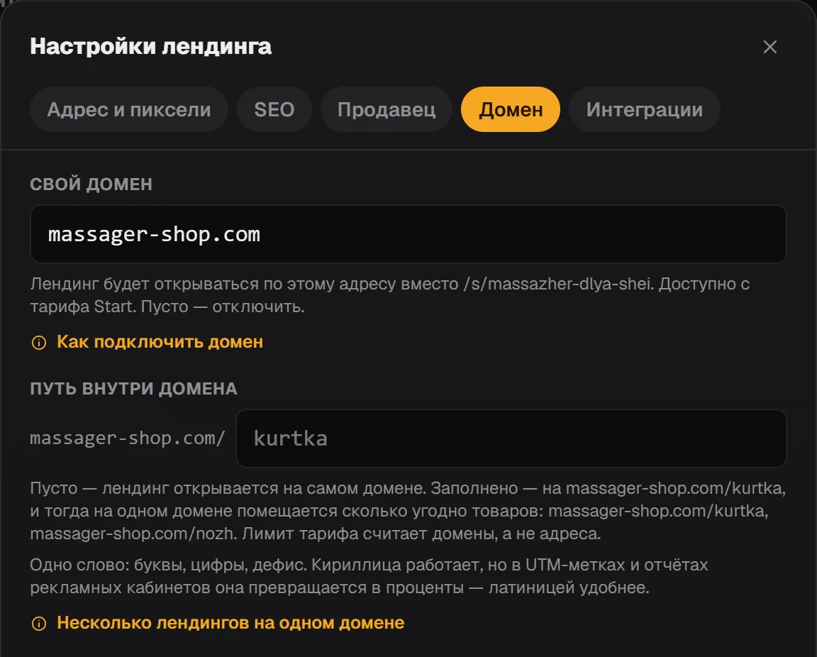 Вкладка «Домен»: поля «Свой домен» и «Путь внутри домена» с примером пути kurtka