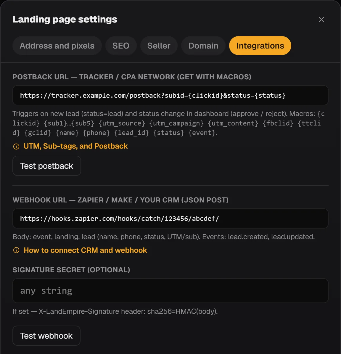 Вкладка «Інтеграції»: поле Postback URL з макросами {clickid} і {status} та кнопка «Перевірити постбек»