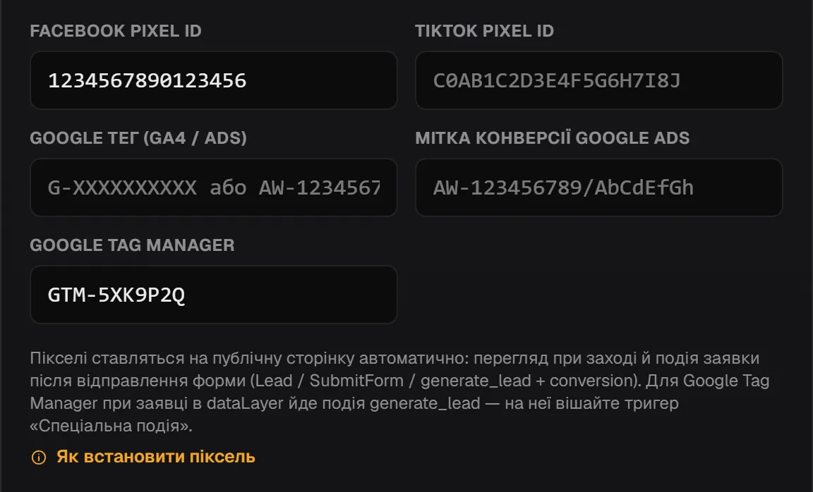 Вкладка «Адреса та пікселі»: поля Facebook Pixel ID, TikTok Pixel ID, Google тег (GA4 / Ads), мітка конверсії і GTM