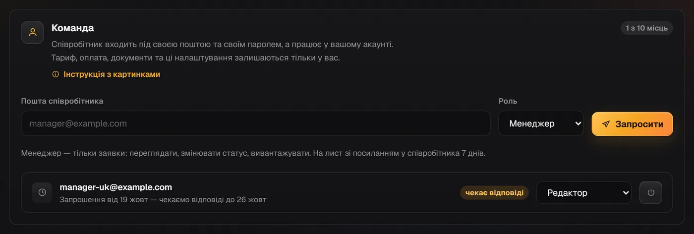 Розділ «Команда»: пошта співробітника, вибір ролі, кнопка «Запросити» і запрошений співробітник із роллю