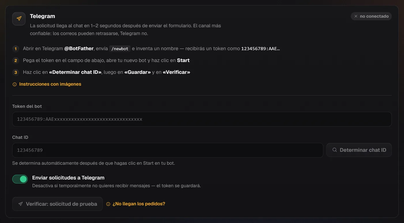 Блок «Telegram» у налаштуваннях: кроки з @BotFather, поля «Токен бота» і «Chat ID», перемикач і кнопка тесту